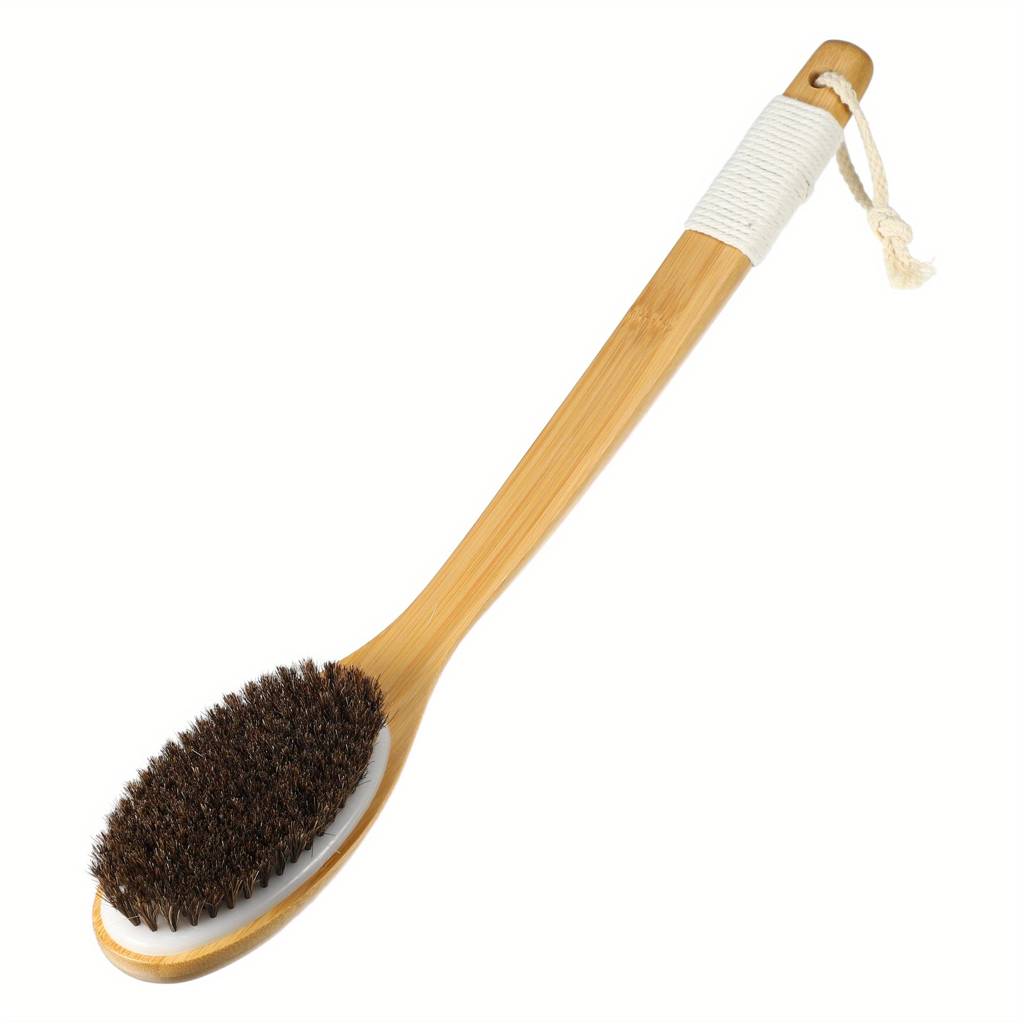 VOCOSTE Horse Hair Exfoliating Back Scrubber with Curved Long Handle - 18" Wood Body Brush, 3.5" Wide, 6.5" Thick, No Battery Needed for Wet/Dry Body Brushing, Men & Women Shower & Bath Tool, Ergonomic Design, Highquality Bristles