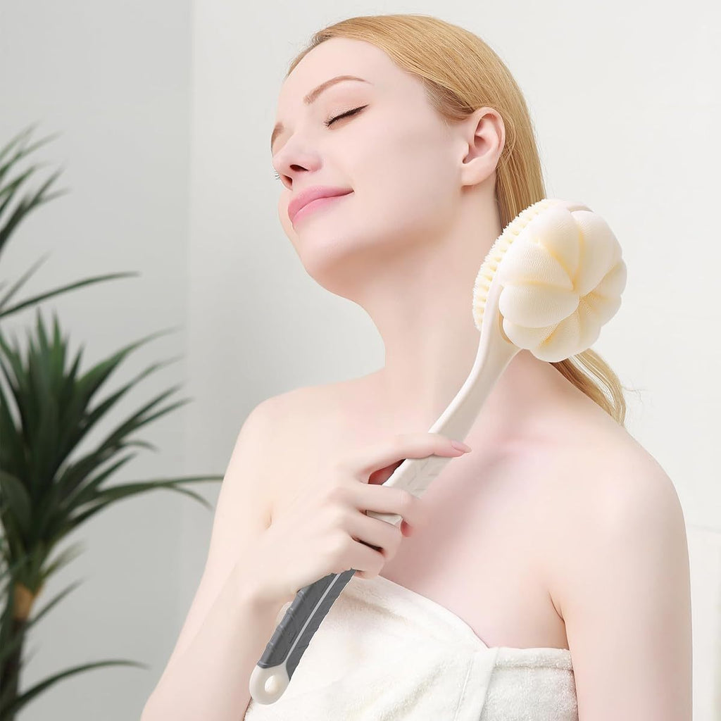 Long Handle Shower Body Brush with Pumpkin Loofah - Non-Slip Grip Back Scrubber, Heavy-Duty Exfoliating Bath Brush for Back, Arms, Legs, Feet - Wet/Dry Use, No Battery Needed - Ideal for Men & Women (Grey) - Bathroom Essentials, Personal Hygiene,