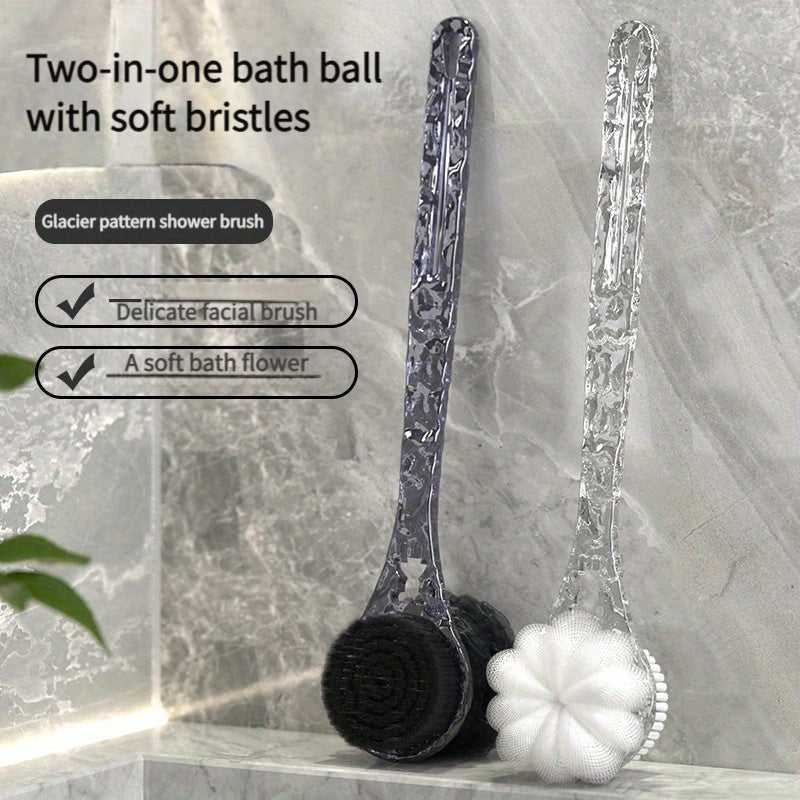 1pc Ergonomic Long-Handled Soft Nylon Back Massager & Shower Brush Combo - 2-in-1 Bathing Experience with Glacier Pattern for Deep Clean & Relaxation, No Batteries Required, Back Scrubber for Shower