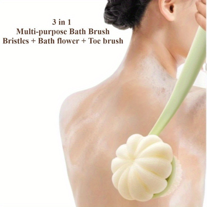 3-in-1 Soft Back Scrubber Brush with Handle - Multi-Color (White/Beige/Orange) Body Scrubber & Exfoliating Massager for Bath, Shower, and Body Care, No Battery Needed, Bath Accessories, Shower Cleaning Tool, Ergonomic Handle, Durable Scrubber