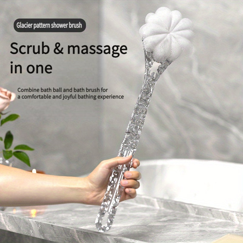 1pc Ergonomic Long-Handled Soft Nylon Back Massager & Shower Brush Combo - 2-in-1 Bathing Experience with Glacier Pattern for Deep Clean & Relaxation, No Batteries Required, Back Scrubber for Shower