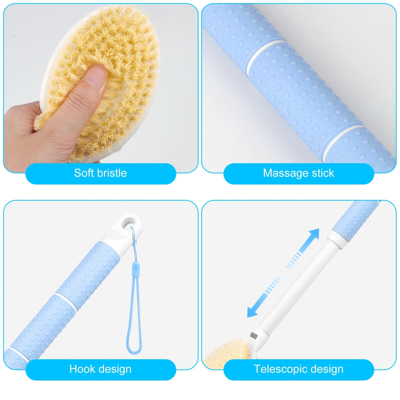 Long Handle Soft Bath Brush, Adjustable Telescopic Shower Brush, Ergonomic Back Scrubber for Body, Deep Cleaning And Light Beige Care, Ideal for Bathroom & Travel Use, Bath Brush Two Side, Body Brush for Shower, Shower Sponge with Handle, Shower Scrub,