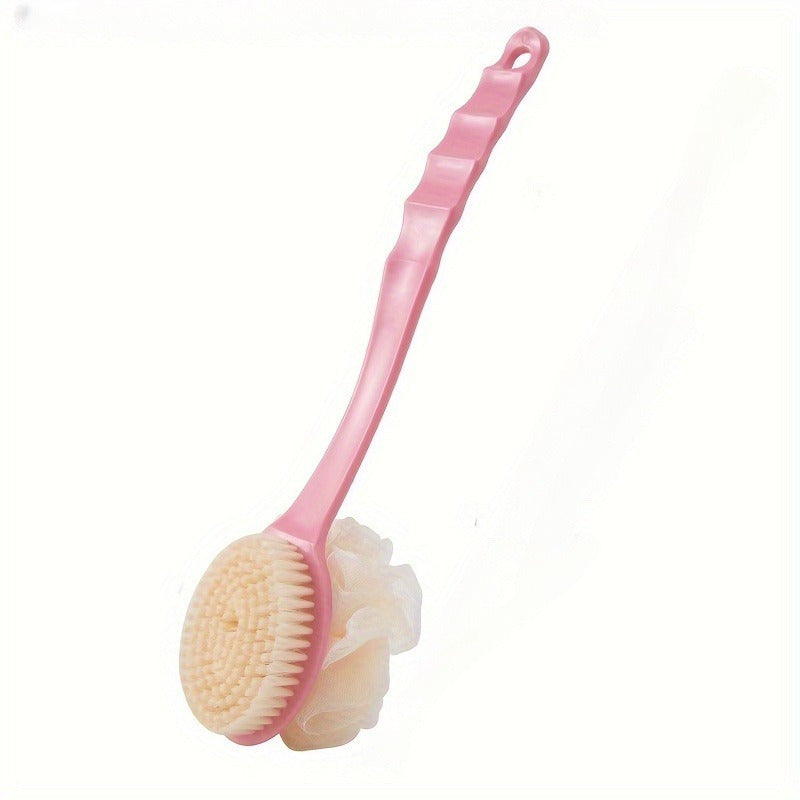 1pc Long Handle Soft Bristle Bath Brush - 2-in-1 Gentle Exfoliating Body Scrubber & Massager, Unscented, Durable Material, Japanese Aesthetic Design in Pink with Yellow Bristles for Deep Clean & Skin Massage