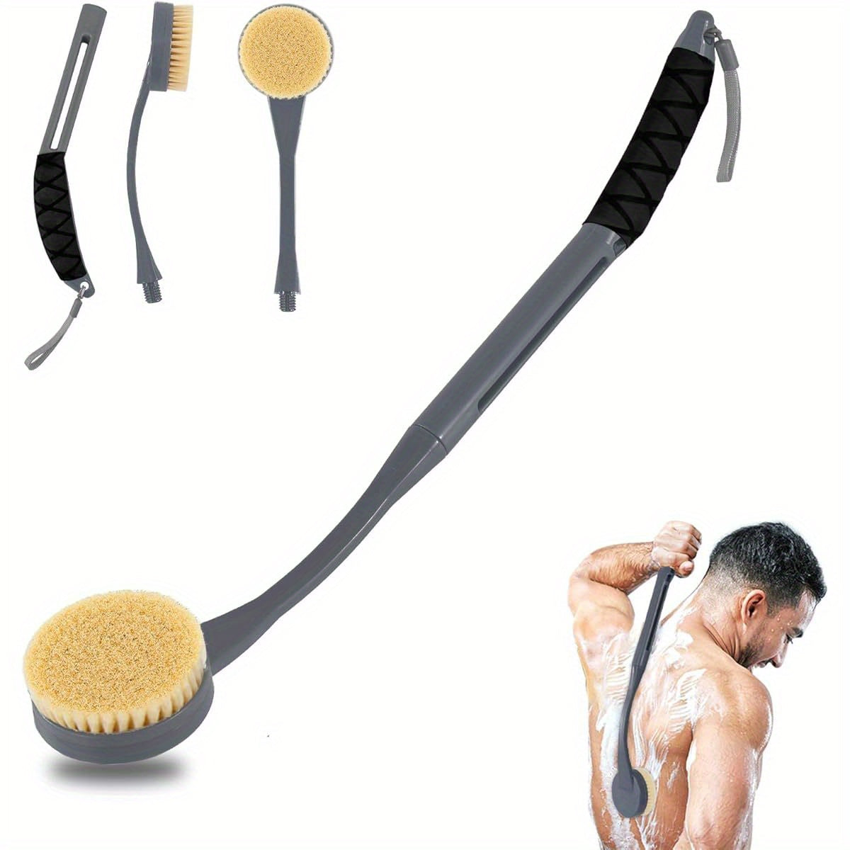 20.5" Long-Handled Back Scrubber for Shower - Deep Cleaning Bath Brush with Ergonomic Design, Non-Slip Grip & Soft Brush Heads for Men & Women (Grey), Shower Cleaning Accessory, Ergonomic Bath Brush, Durable Shower Brush