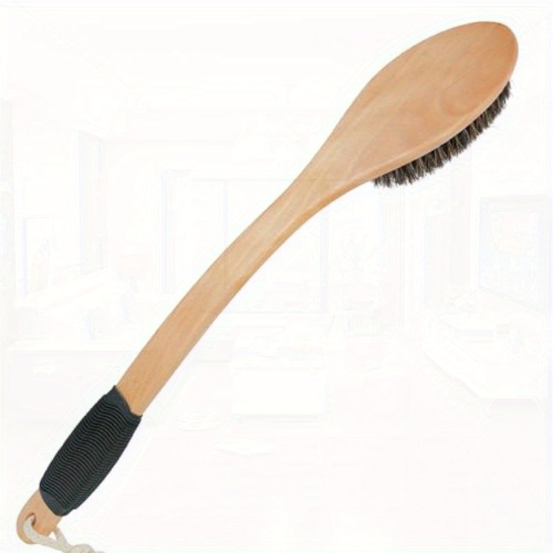 Horsehair Bath Brush Wooden Curved Long Handle Antiskid Shower Brush for Exfoliating Natural Mane Scrubber for Back Use Wet or Dry Back Scrub Deep Cleanse17.2inches