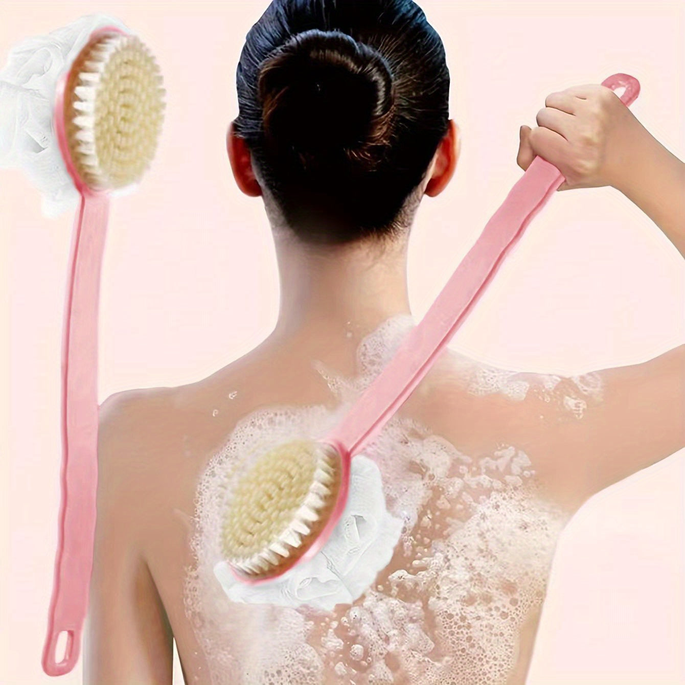 1pc Soft Hair Long Handle Japanese Bath Brush - Multi-Functional Two-in-One Exfoliating Back Scrubber with Ergonomic Grip for Shower, Pink & White Bristles for Gentle Cleansing and Re reaching Back Areas, Gentle Exfoliation Tool | Dualfunction Brush |