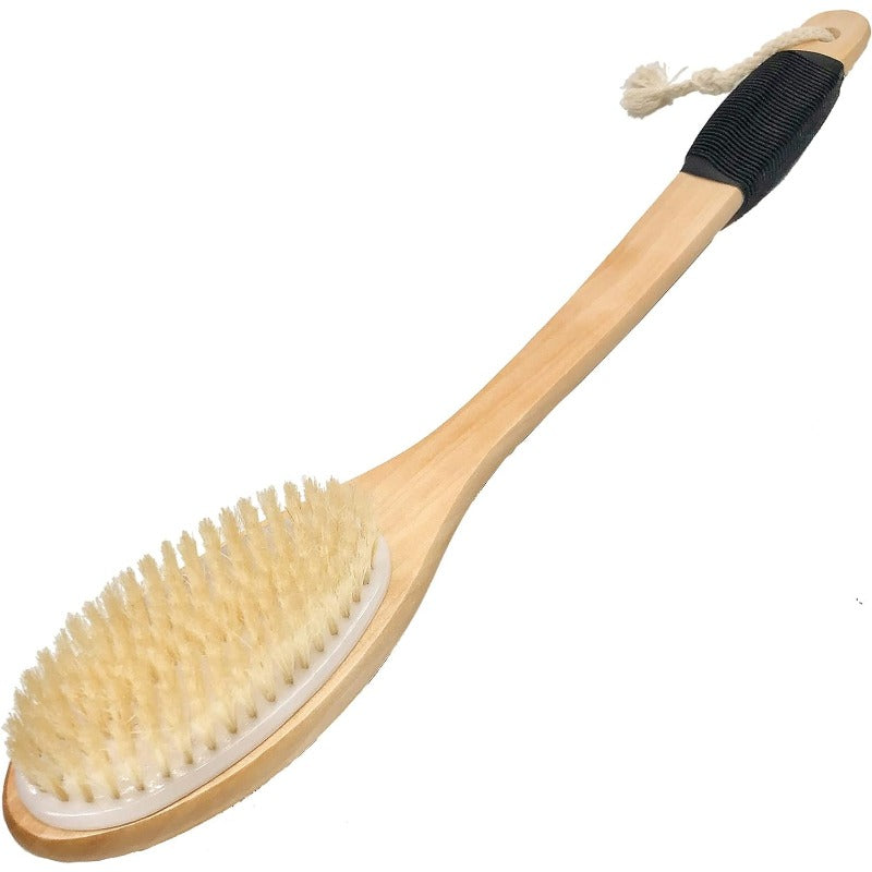 Ergonomic Bath Brush with Long Handle - Natural Soft Exfoliating Scrubber for Wet Or Dry Use, Non-Slip Grip