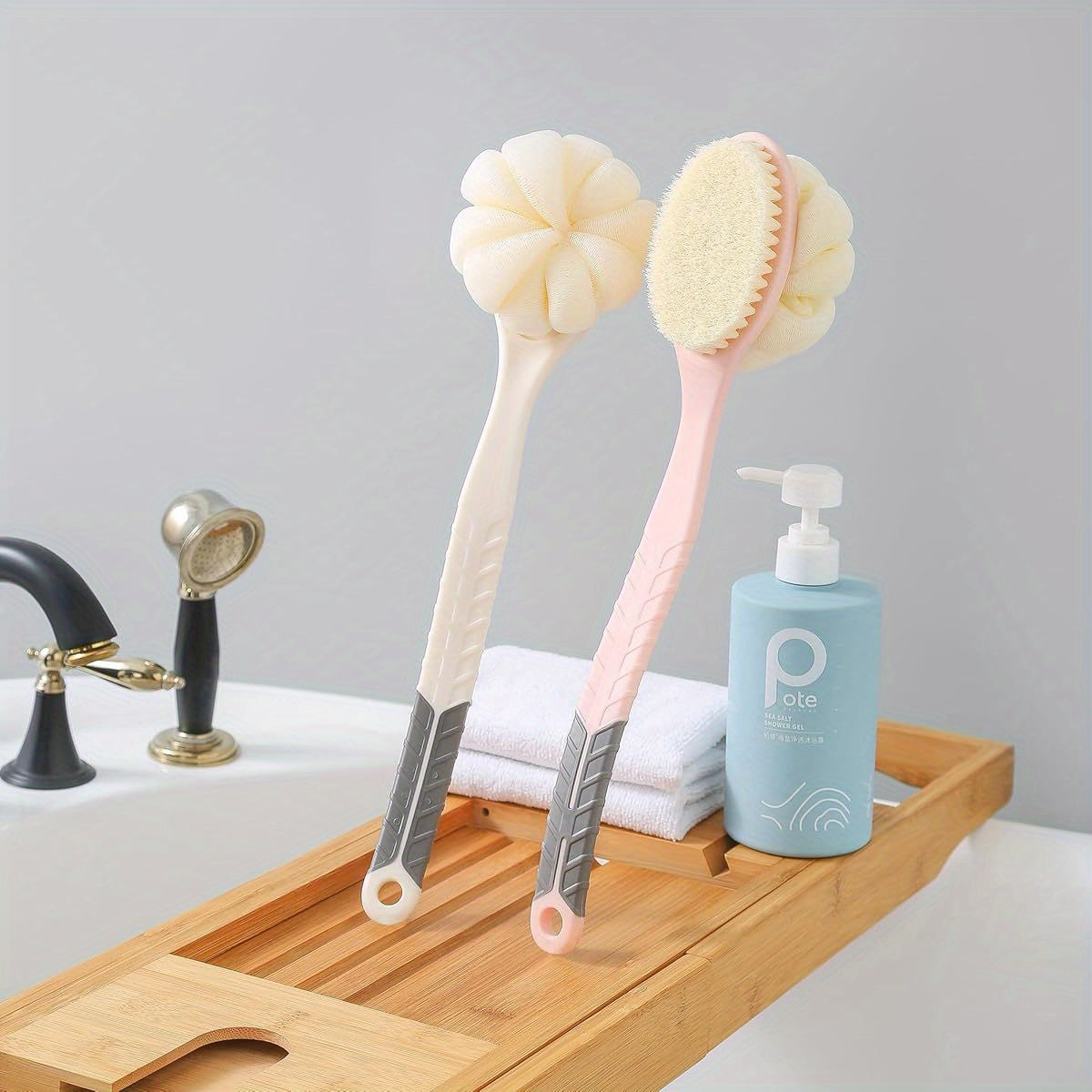 Long Handle Shower Body Brush with Pumpkin Loofah - Non-Slip Grip Back Scrubber, Heavy-Duty Exfoliating Bath Brush for Back, Arms, Legs, Feet - Wet/Dry Use, No Battery Needed - Ideal for Men & Women (Grey) - Bathroom Essentials, Personal Hygiene,