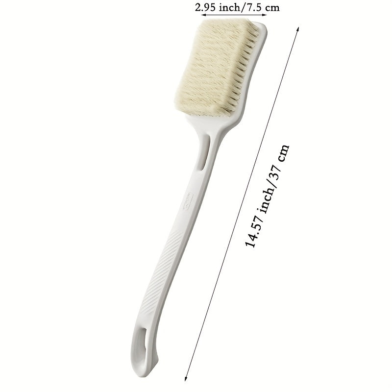 Long handled cleaning shower brush with soft and hard bristles, longer and wider brush surface, back frosted body exfoliator, suitable for wet or dry brushing (white)