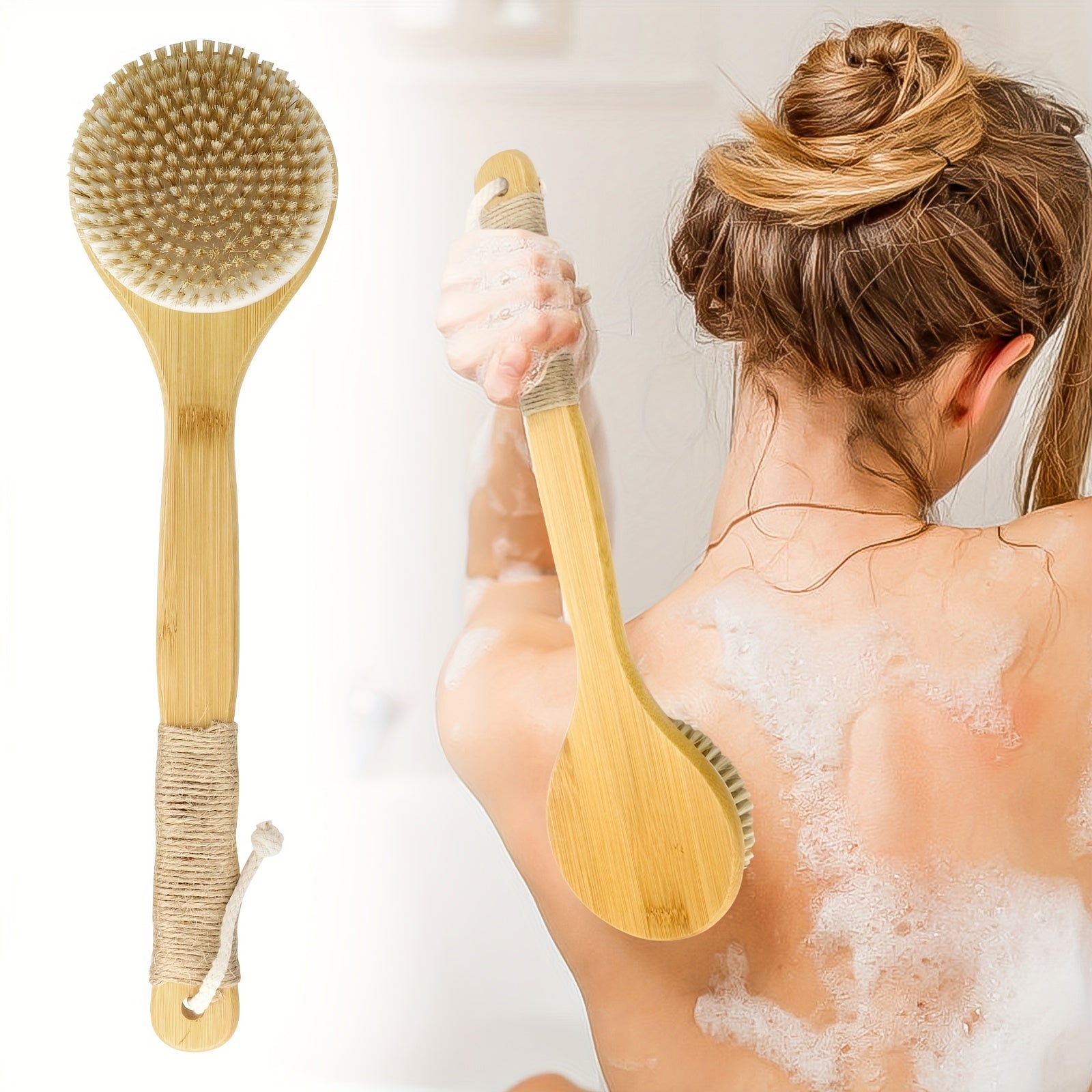 Long Handle Bath Brush With Hanging Rope, Natural Bristle Back Scrubber, Exfoliating Shower Brush for Body Spa Washing