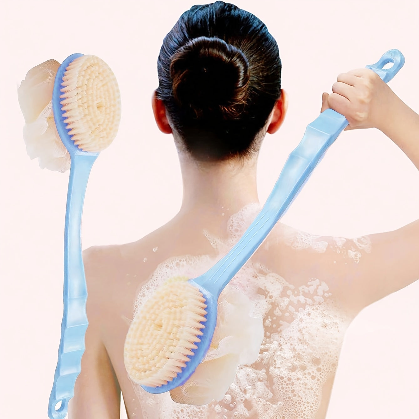 [Lightweight Design] Pink Long-Handled Soft Bristle Bath Brush - Multi-Functional 2-in-1 Mud Scrubbing and Back Massage Tool, Gentle Exfoliation for Smooth Skin, Gentle Skin Exfoliation|Dualfunction Brush|Comfortable Use