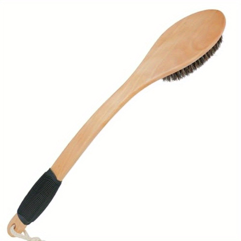 Horsehair Bath Brush Wooden Curved Long Handle Antiskid Shower Brush for Exfoliating Natural Mane Scrubber for Back Use Wet or Dry Back Scrub Deep Cleanse17.2inches