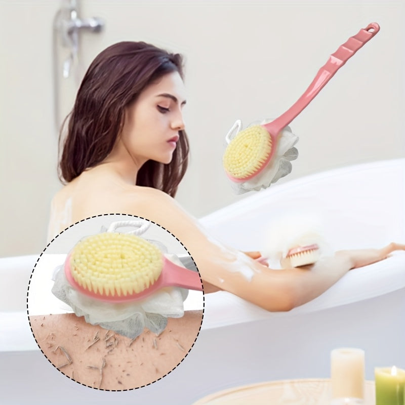 1pc, Long Handle Bath Brush with Loofah, Multi-Functional Scrubbing Brush, Dual-Sided Soft Bristle Shower Brush with Loofah, Pink/Blue