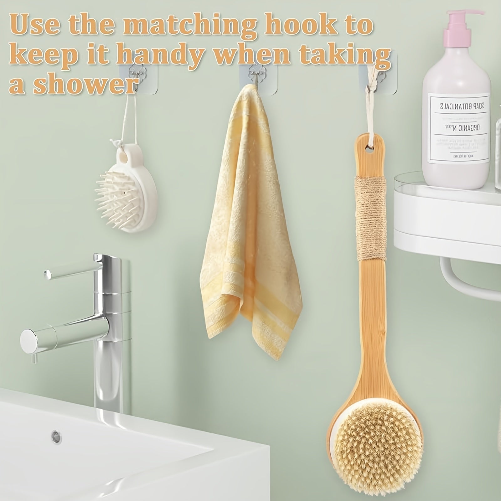 Long Handle Bath Brush with Rope, Back Scrubber for Deep Cleaning & Light Beige Care, Soft Bathroom Accessory for Men and Women