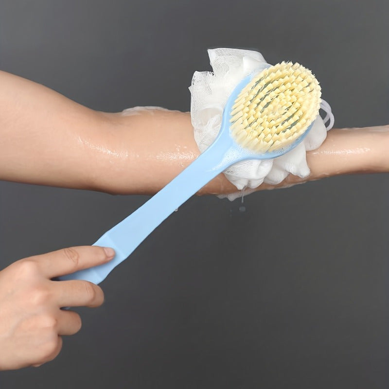 1pc Long Handle Soft Bristle Bath Brush - 2-in-1 Gentle Exfoliating Body Scrubber & Massager, Unscented, Durable Material, Japanese Aesthetic Design in Pink with Yellow Bristles for Deep Clean & Skin Massage