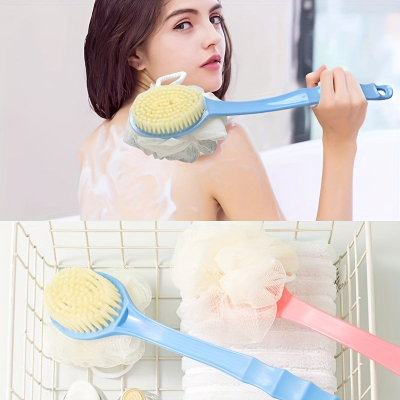 1pc, Long Handle Bath Brush with Loofah, Multi-Functional Scrubbing Brush, Dual-Sided Soft Bristle Shower Brush with Loofah, Pink/Blue