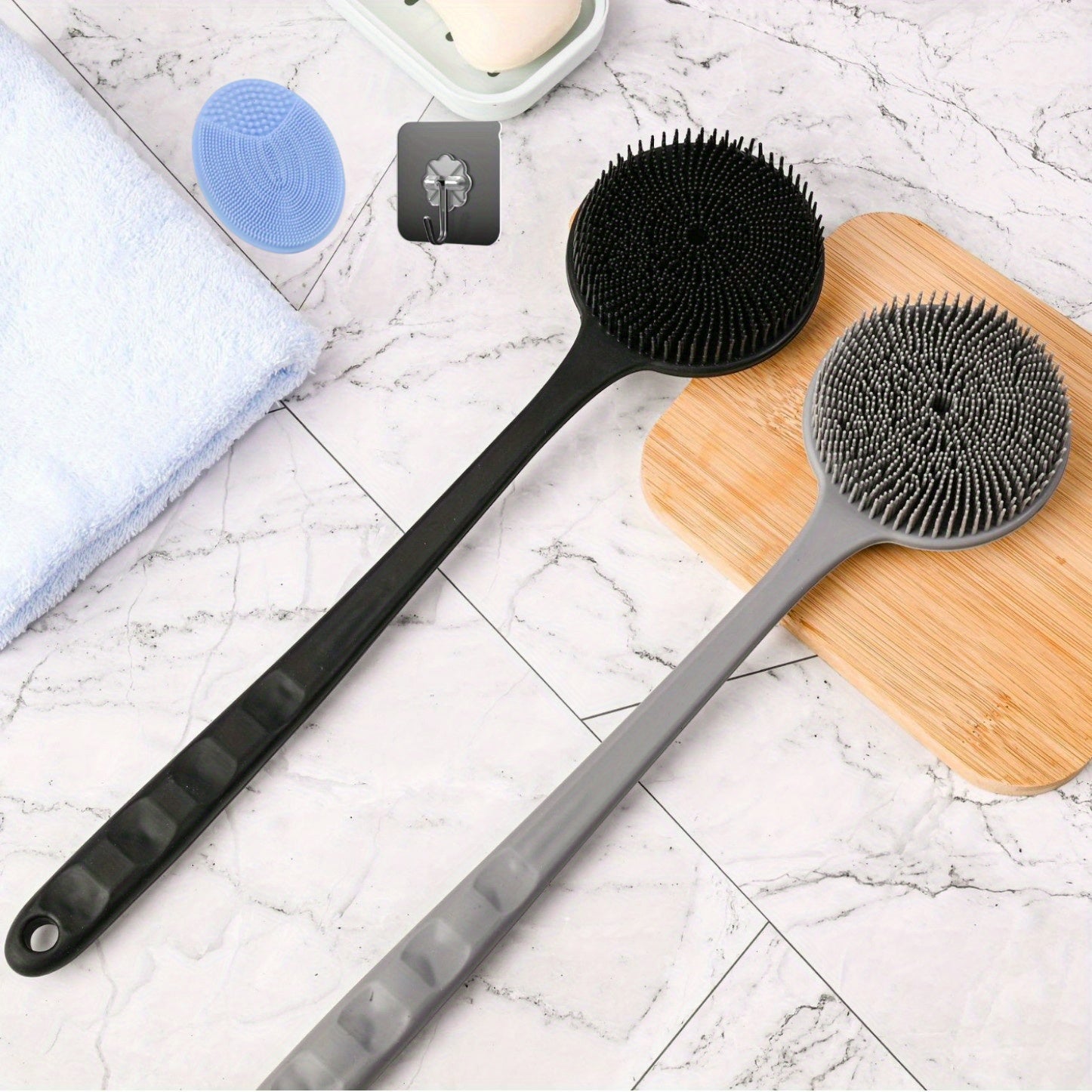 15" Extra-Long Back Scrubber - Dual-Sided Exfoliating Brush & Scrubber, Non-Slip Grip for Back, Arms, Legs, Facial Use - Travel-Friendly Manual Light Beige Care Tool for, Blackheads, Dead Light Beige Removal - Bathroom Essential