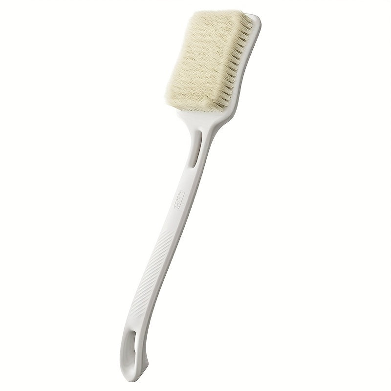 Long handled cleaning shower brush with soft and hard bristles, longer and wider brush surface, back frosted body exfoliator, suitable for wet or dry brushing (white)