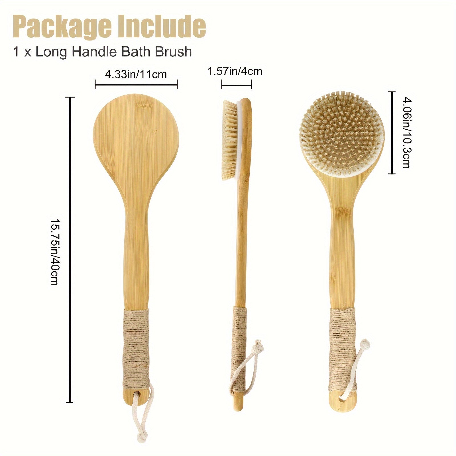 Long Handle Bath Brush With Hanging Rope, Natural Bristle Back Scrubber, Exfoliating Shower Brush for Body Spa Washing
