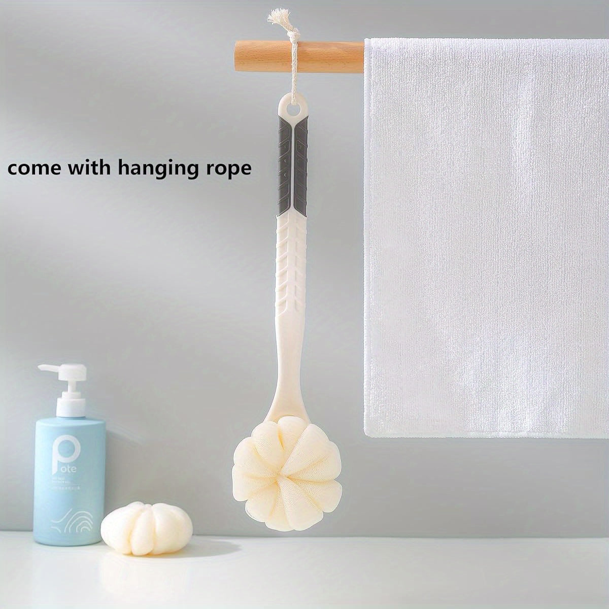 Long Handle Shower Body Brush with Pumpkin Loofah - Non-Slip Grip Back Scrubber, Heavy-Duty Exfoliating Bath Brush for Back, Arms, Legs, Feet - Wet/Dry Use, No Battery Needed - Ideal for Men & Women (Grey) - Bathroom Essentials, Personal Hygiene,