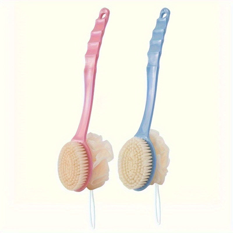 1pc Long Handle Soft Bristle Bath Brush - 2-in-1 Gentle Exfoliating Body Scrubber & Massager, Unscented, Durable Material, Japanese Aesthetic Design in Pink with Yellow Bristles for Deep Clean & Skin Massage