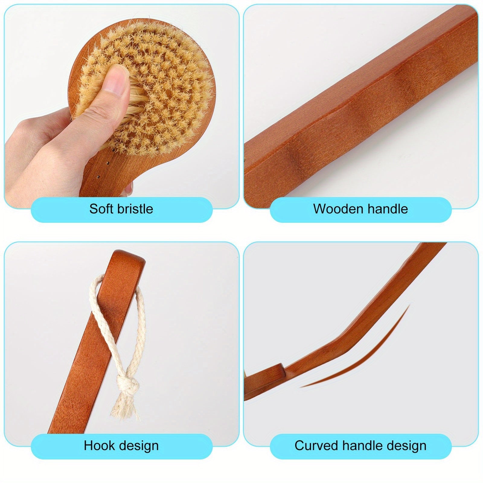 Long Handle Bath Brush with Natural Bamboo Bristles & Slip-Resistant Grip - Exfoliating Body Scrubber for Back, Legs, Hard-to-Reach Areas, Gentle Exfoliation, Ergonomic Design, Wet/Dry Use, Spa & Home Shower Essentials, Daily Exfoliation, Decorative