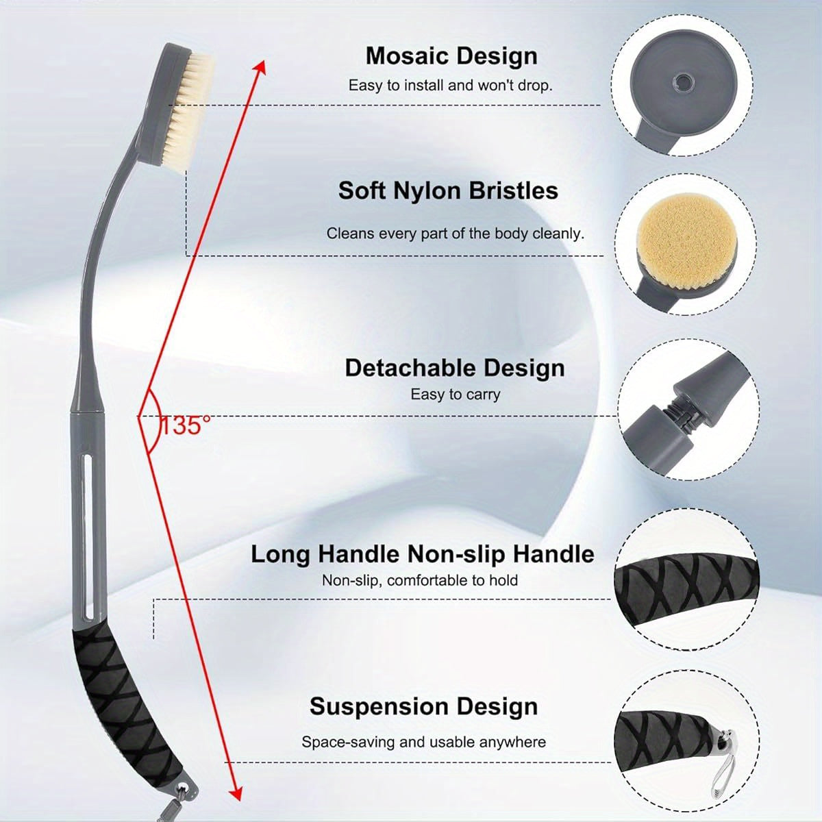 20.5" Long-Handled Back Scrubber for Shower - Deep Cleaning Bath Brush with Ergonomic Design, Non-Slip Grip & Soft Brush Heads for Men & Women (Grey), Shower Cleaning Accessory, Ergonomic Bath Brush, Durable Shower Brush