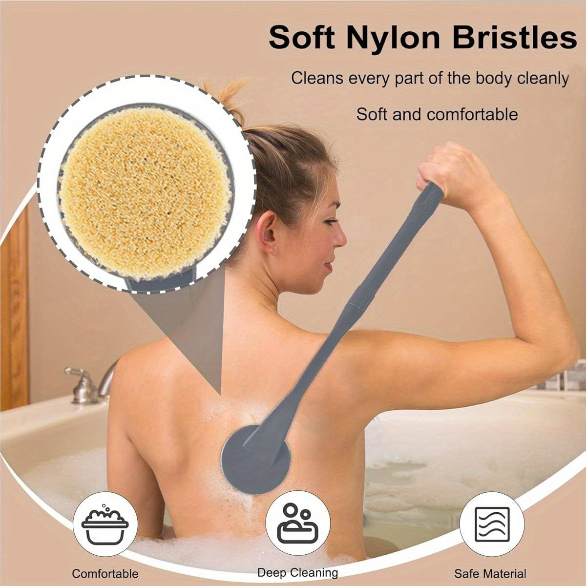 20.5" Long-Handled Back Scrubber for Shower - Deep Cleaning Bath Brush with Ergonomic Design, Non-Slip Grip & Soft Brush Heads for Men & Women (Grey), Shower Cleaning Accessory, Ergonomic Bath Brush, Durable Shower Brush