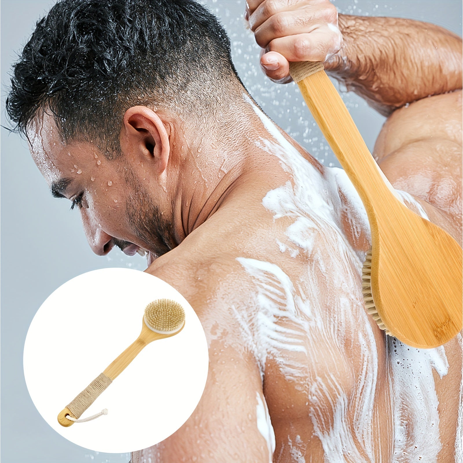Long Handle Bath Brush With Hanging Rope, Natural Bristle Back Scrubber, Exfoliating Shower Brush for Body Spa Washing