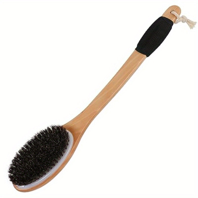 Horsehair Bath Brush Wooden Curved Long Handle Antiskid Shower Brush for Exfoliating Natural Mane Scrubber for Back Use Wet or Dry Back Scrub Deep Cleanse17.2inches