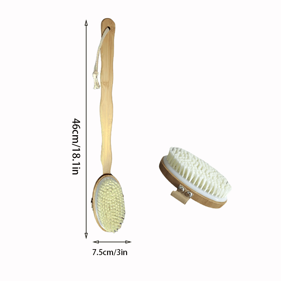 1pc Natural Pig Bristle Long Handle Back Bath Brush, Detachable Handle and Elastic Band Design, Can Be Used Wet or Dry, Gentle Body Cleansing and Exfoliation, No Power Required | Body Brush | Long Handle Shower Brush | Shower Supplies