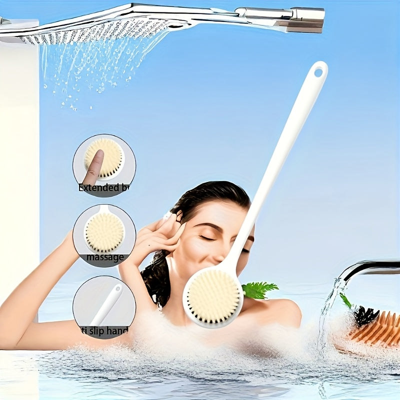 1pc Soft Silicone Bath Brush with Long Handle - Non-Slip Grip, Ergonomic Design for Back, Shower & Body Cleansing - Durable Scrub Head, Easy Reach Hard-to-Clean Areas - Ideal for Adults & Seniors, Bathroom Shower Essentials, Senior Bathing Aid, Ergonomic