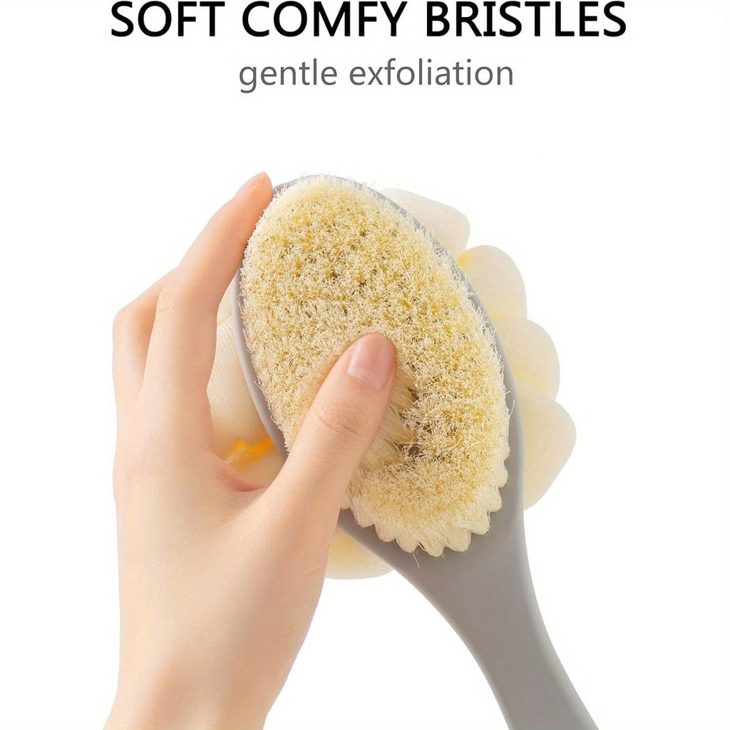 Long Handle Shower Body Brush with Pumpkin Loofah - Non-Slip Grip Back Scrubber, Heavy-Duty Exfoliating Bath Brush for Back, Arms, Legs, Feet - Wet/Dry Use, No Battery Needed - Ideal for Men & Women (Grey) - Bathroom Essentials, Personal Hygiene,