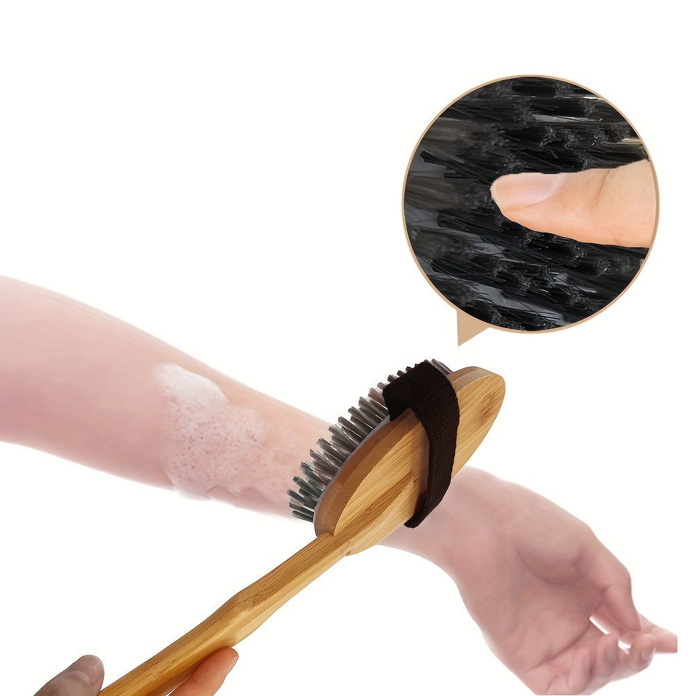 1 Extra Long Curved Handle Lotus Wood Bristle Round Bath Brush Bath Cleaning Brush With Lanyard Design Lazy Family Bathing Magic