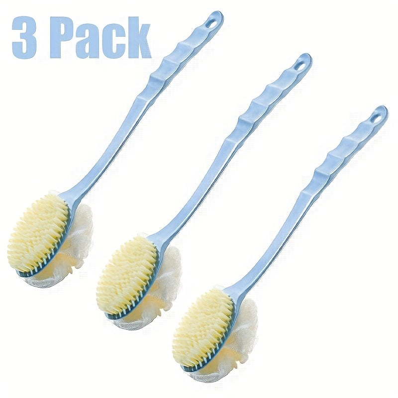 3 Pack Back Shower Body Brushes Shower Body Brush with Bristles and Loofah Back Scrubber Bath Mesh Sponge for Wet or Dry Long Handle for Light Beige Exfoliating Bath, Exfoliating Light Beige for Men and Women (Blue)