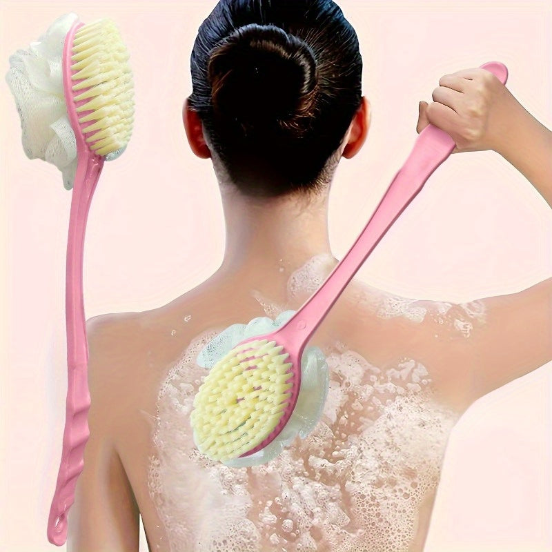1pc Long Handle Soft Bristle Bath Brush - 2-in-1 Gentle Exfoliating Body Scrubber & Massager, Unscented, Durable Material, Japanese Aesthetic Design in Pink with Yellow Bristles for Deep Clean & Skin Massage