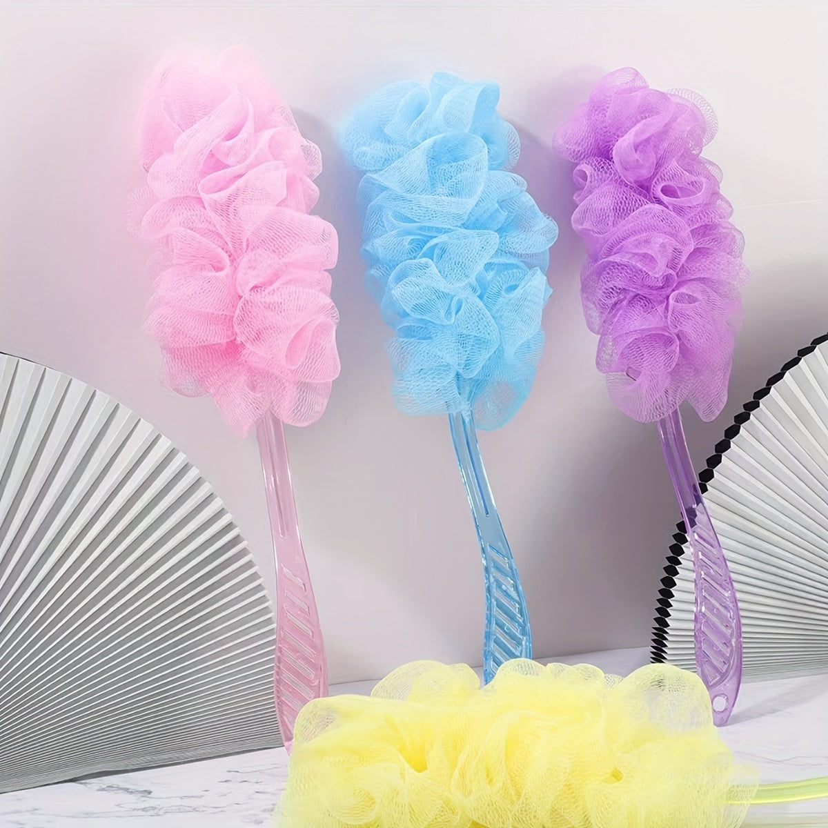 1pc Long Handle Bath Massager with Soft Flower Head - Pastel Colors (Pink, Blue, Green, Yellow, Purple) - Extended Reach Back Scratcher for Men & Women, Manual Body Rub Tool for Spa & Home Use, No Batteries/Electricity, Durable Bath Accessory, Fluffy
