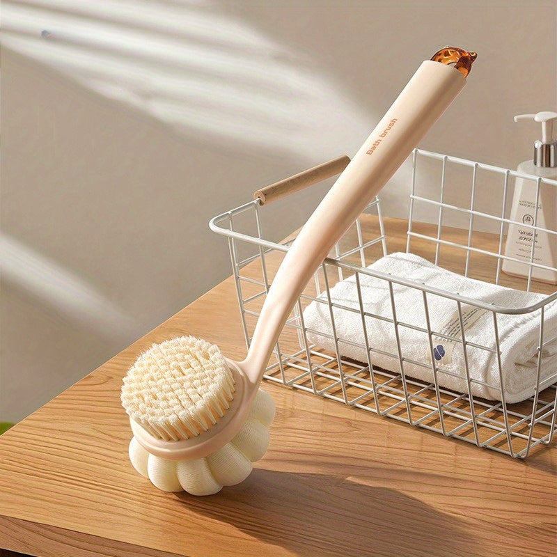 3-in-1 Soft Back Scrubber Brush with Handle - Multi-Color (White/Beige/Orange) Body Scrubber & Exfoliating Massager for Bath, Shower, and Body Care, No Battery Needed, Bath Accessories, Shower Cleaning Tool, Ergonomic Handle, Durable Scrubber