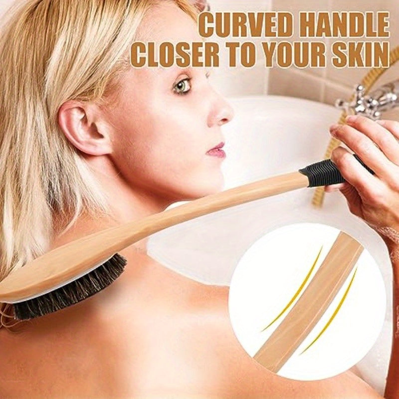 Horsehair Bath Brush Wooden Curved Long Handle Antiskid Shower Brush for Exfoliating Natural Mane Scrubber for Back Use Wet or Dry Back Scrub Deep Cleanse17.2inches