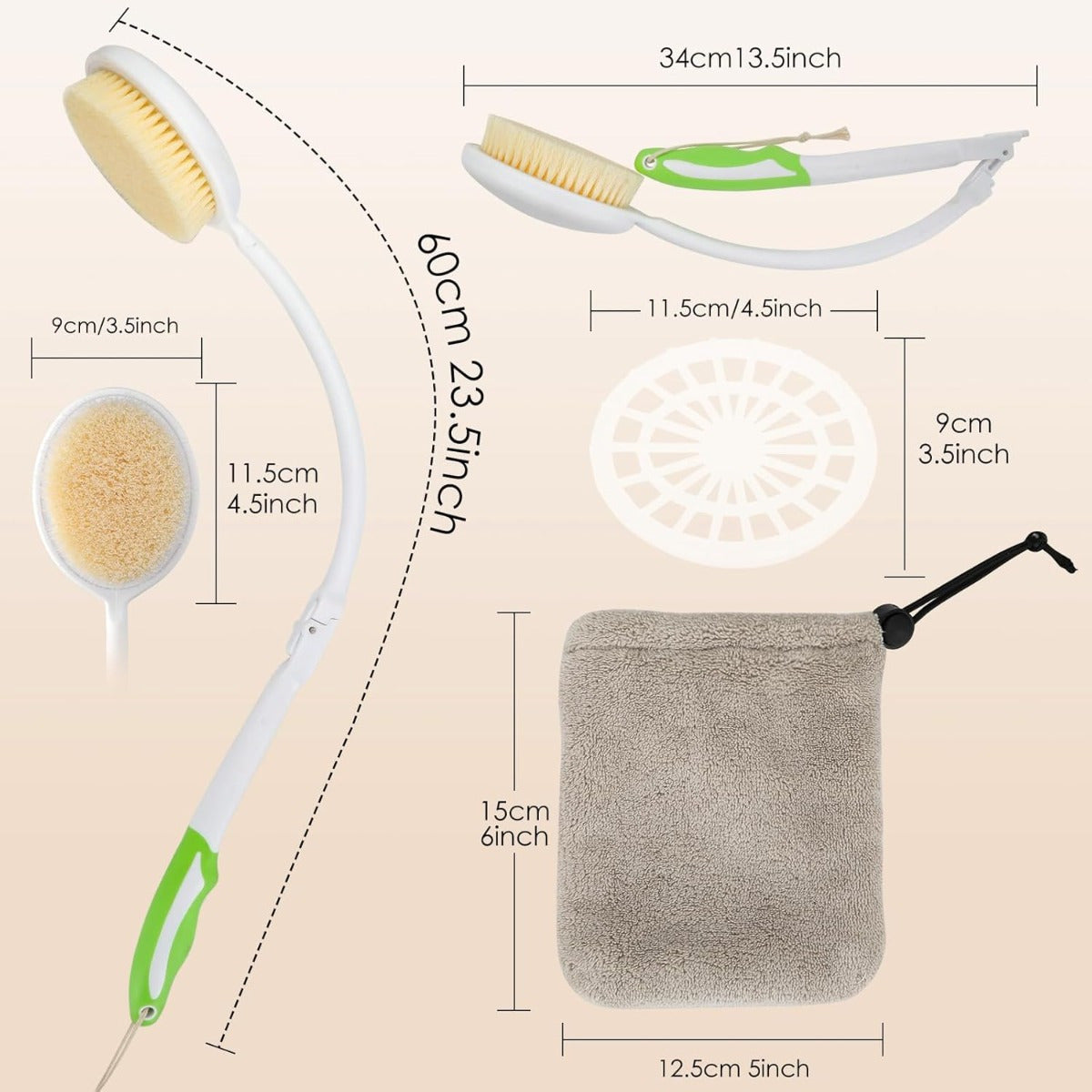 Flexible Long Handle Back Brush, Shower Scrubber for Back Care Cream Application, Foldable Bath Brush for Elderly, Men & Women, Unscented, No Battery Required