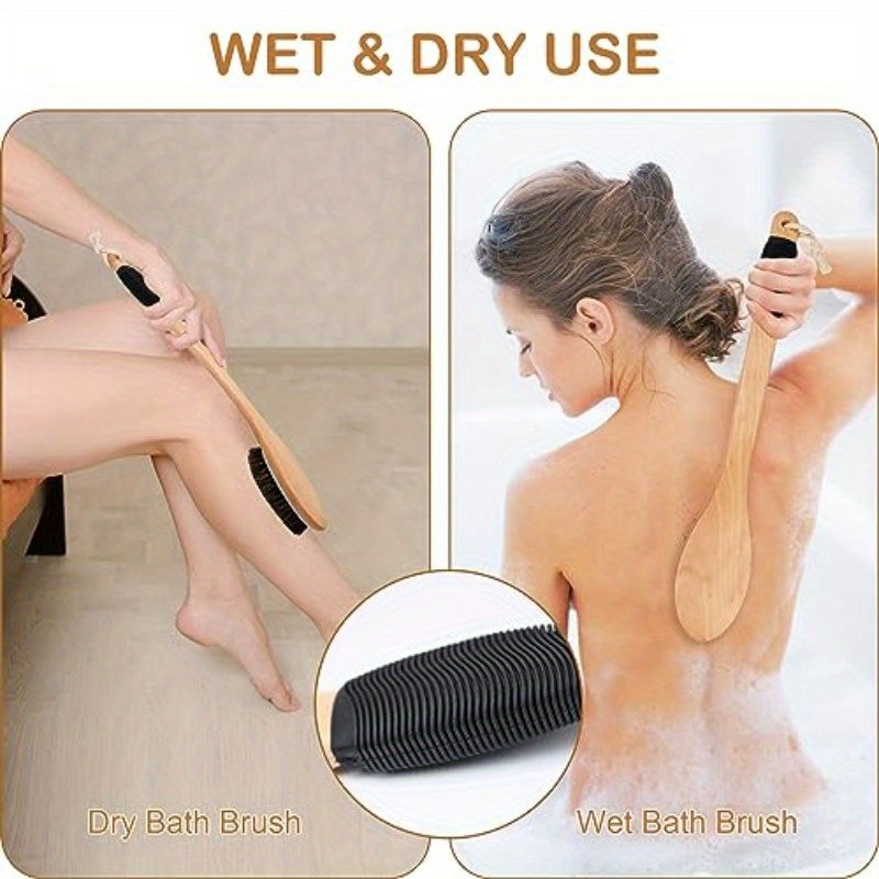 Horsehair Bath Brush Wooden Curved Long Handle Antiskid Shower Brush for Exfoliating Natural Mane Scrubber for Back Use Wet or Dry Back Scrub Deep Cleanse17.2inches