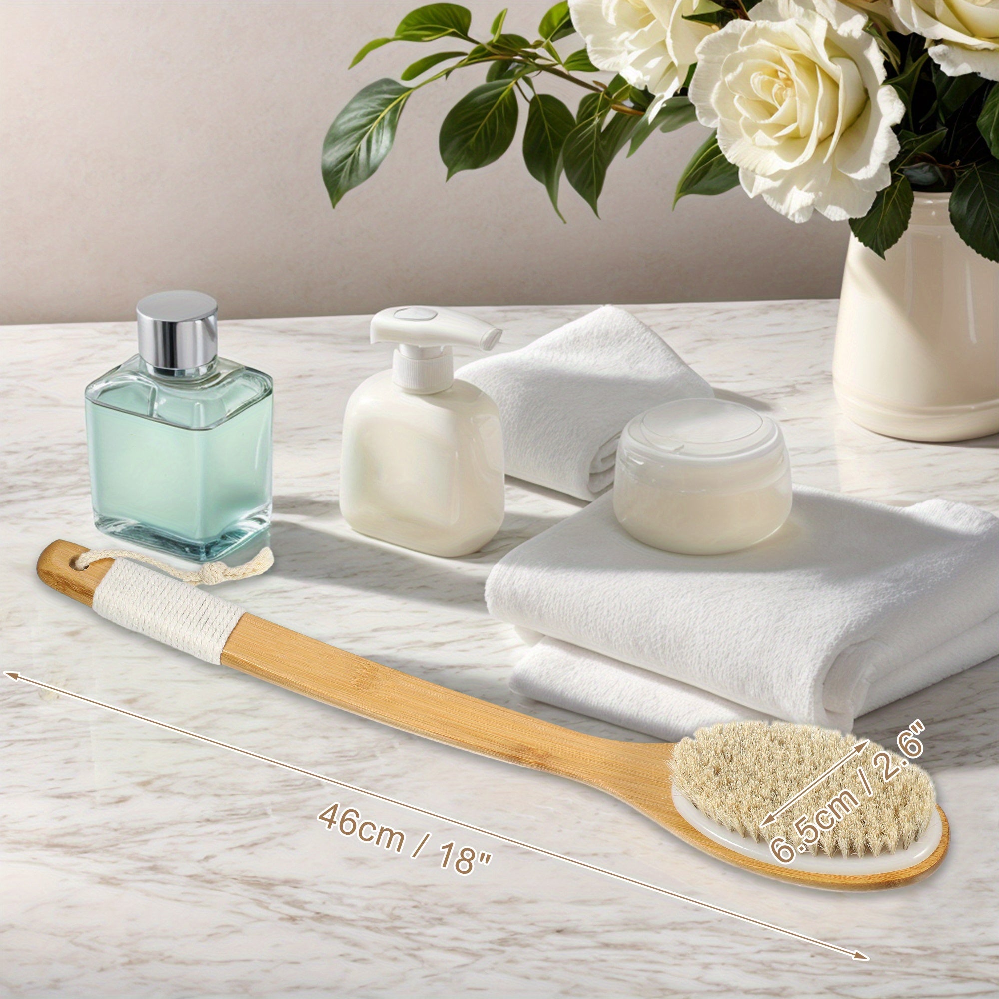 VOCOSTE Horse Hair Exfoliating Back Scrubber with Curved Long Handle - 18" Wood Body Brush, 3.5" Wide, 6.5" Thick, No Battery Needed for Wet/Dry Body Brushing, Men & Women Shower & Bath Tool, Ergonomic Design, Highquality Bristles