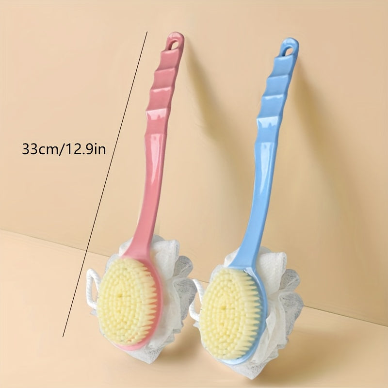 1pc, Long Handle Bath Brush with Loofah, Multi-Functional Scrubbing Brush, Dual-Sided Soft Bristle Shower Brush with Loofah, Pink/Blue