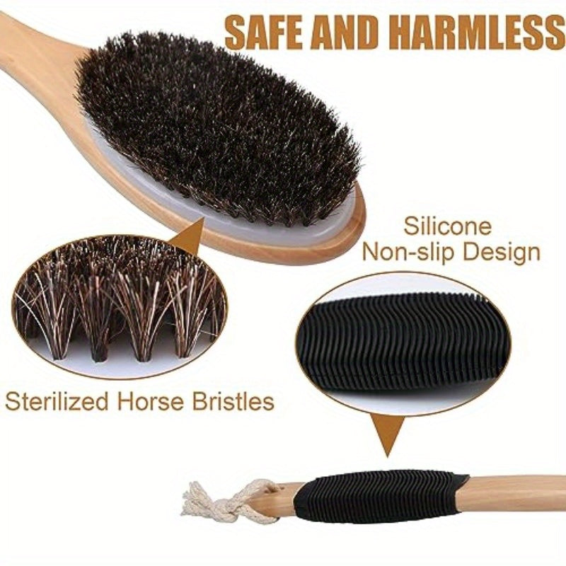 Horsehair Bath Brush Wooden Curved Long Handle Antiskid Shower Brush for Exfoliating Natural Mane Scrubber for Back Use Wet or Dry Back Scrub Deep Cleanse17.2inches