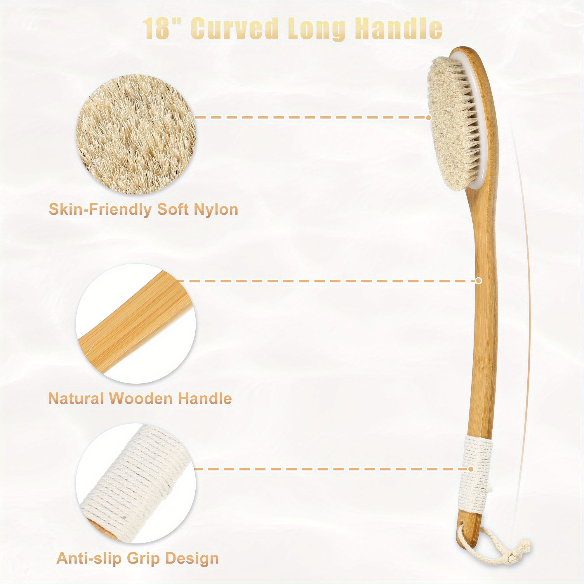 VOCOSTE Horse Hair Exfoliating Back Scrubber with Curved Long Handle - 18" Wood Body Brush, 3.5" Wide, 6.5" Thick, No Battery Needed for Wet/Dry Body Brushing, Men & Women Shower & Bath Tool, Ergonomic Design, Highquality Bristles