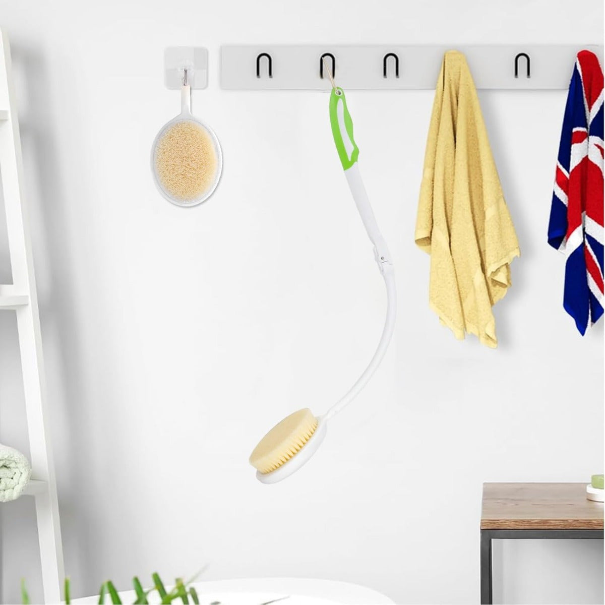 Flexible Long Handle Back Brush, Shower Scrubber for Back Care Cream Application, Foldable Bath Brush for Elderly, Men & Women, Unscented, No Battery Required
