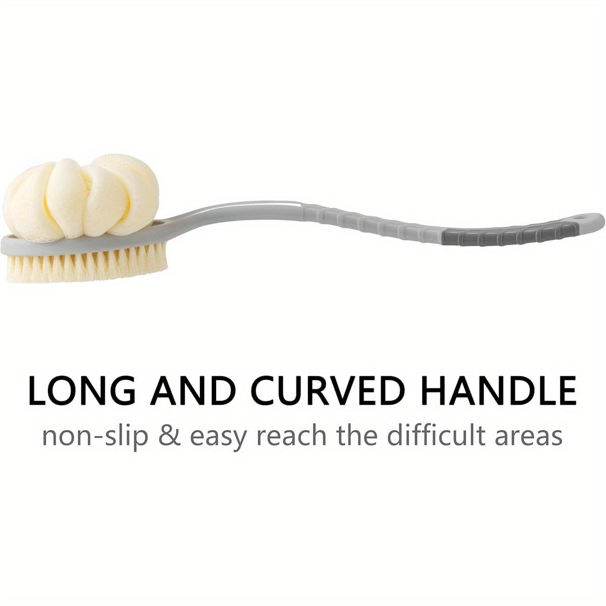 Long Handle Shower Body Brush with Pumpkin Loofah - Non-Slip Grip Back Scrubber, Heavy-Duty Exfoliating Bath Brush for Back, Arms, Legs, Feet - Wet/Dry Use, No Battery Needed - Ideal for Men & Women (Grey) - Bathroom Essentials, Personal Hygiene,