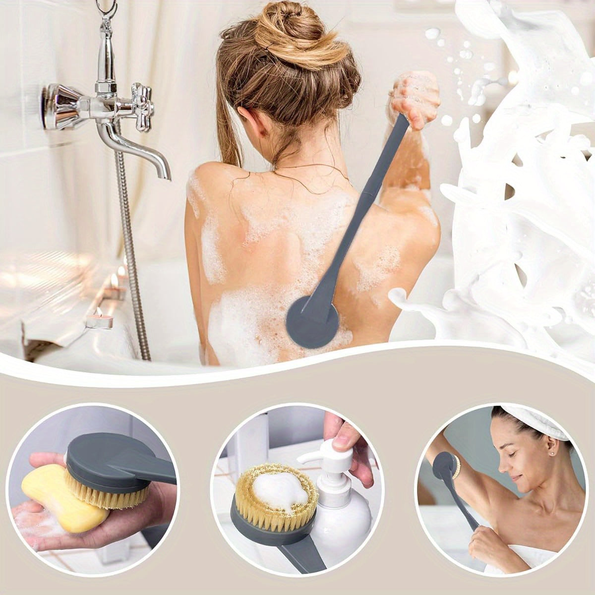 20.5" Long-Handled Back Scrubber for Shower - Deep Cleaning Bath Brush with Ergonomic Design, Non-Slip Grip & Soft Brush Heads for Men & Women (Grey), Shower Cleaning Accessory, Ergonomic Bath Brush, Durable Shower Brush
