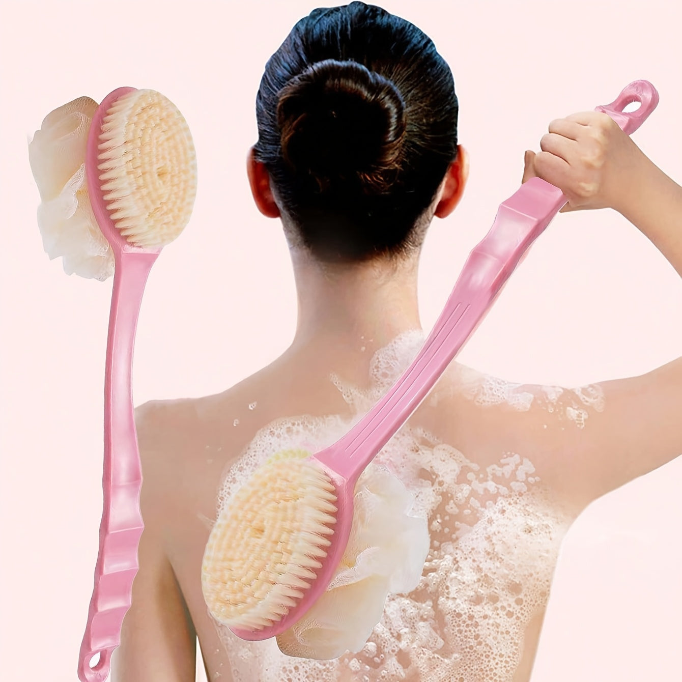 [Lightweight Design] Pink Long-Handled Soft Bristle Bath Brush - Multi-Functional 2-in-1 Mud Scrubbing and Back Massage Tool, Gentle Exfoliation for Smooth Skin, Gentle Skin Exfoliation|Dualfunction Brush|Comfortable Use