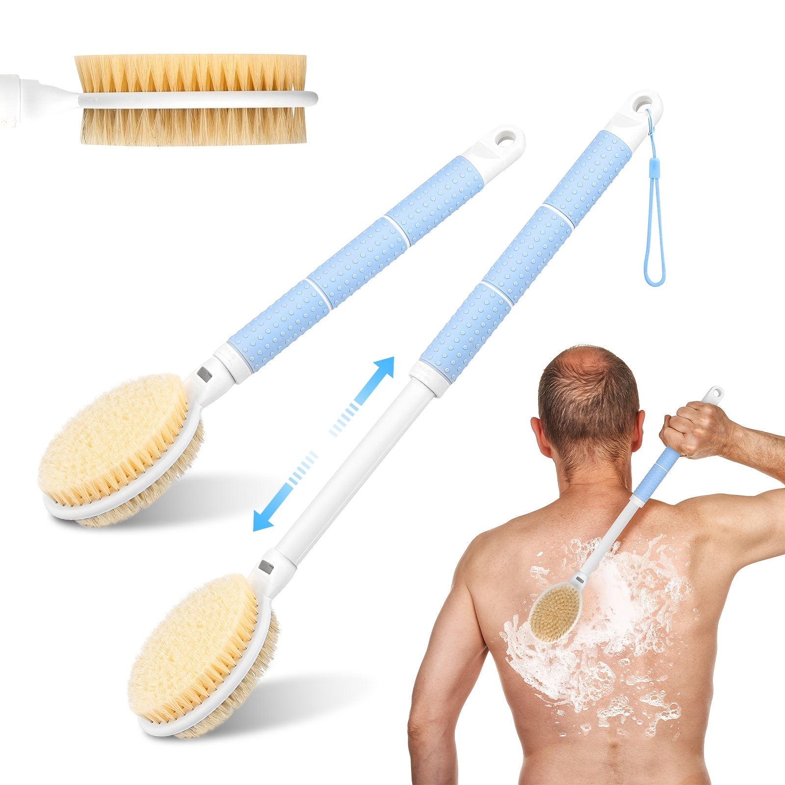 Long Handle Soft Bath Brush, Adjustable Telescopic Shower Brush, Ergonomic Back Scrubber for Body, Deep Cleaning And Light Beige Care, Ideal for Bathroom & Travel Use, Bath Brush Two Side, Body Brush for Shower, Shower Sponge with Handle, Shower Scrub,